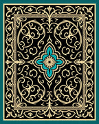 Ornate Black Gold Floral Scrollwork Rug