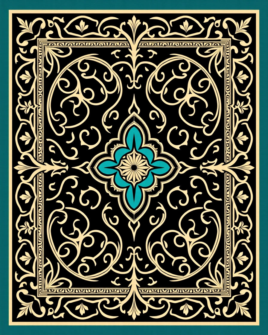Ornate Black Gold Floral Scrollwork Rug