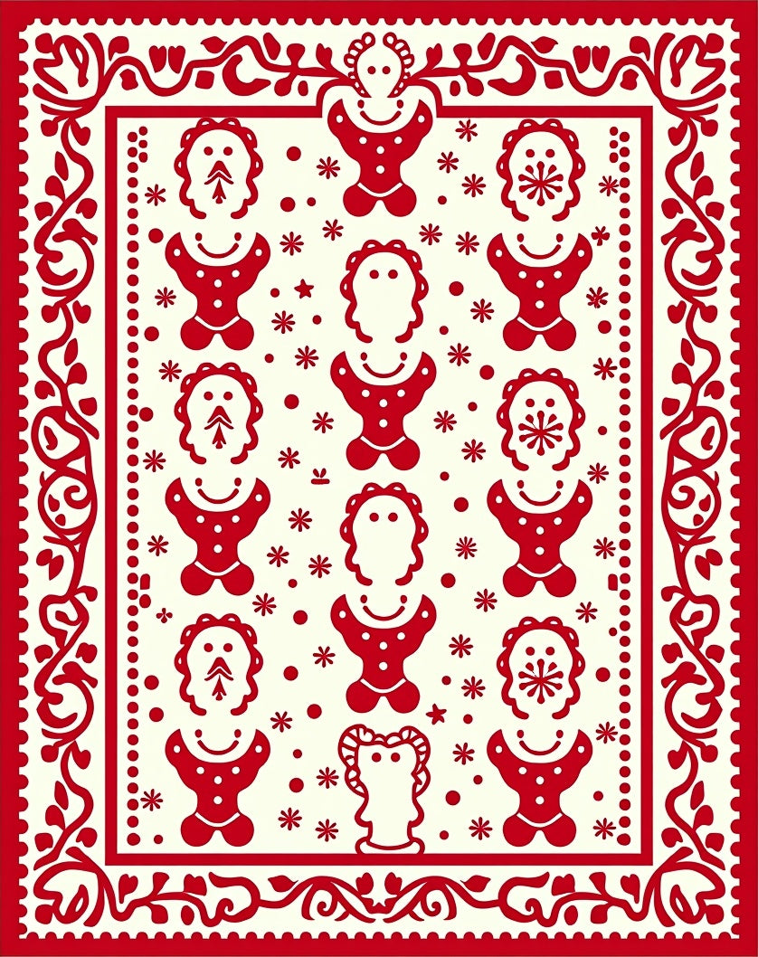 Red Folk Art Character Pattern Rug