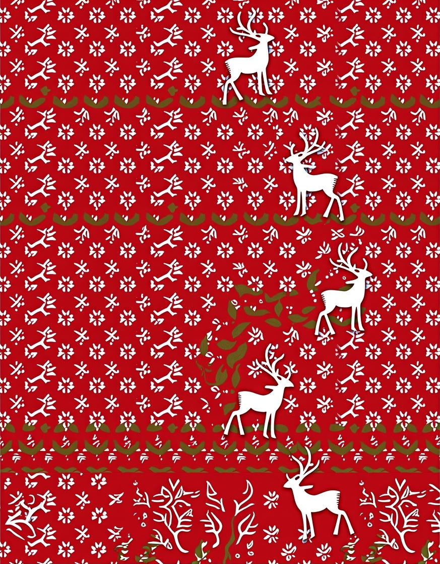 Red White Deer Floral Pattern Rug