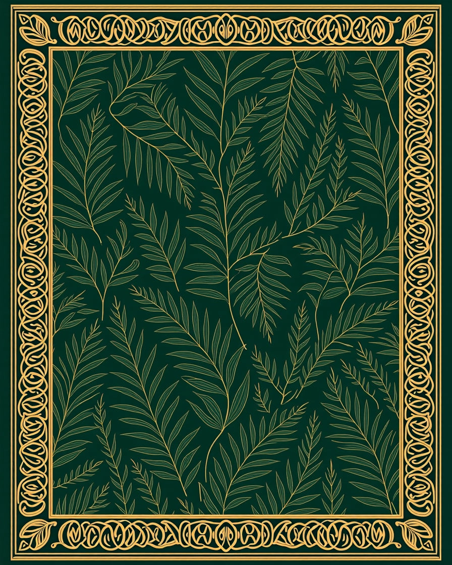 Green Gold Leaf Pattern Border Rug