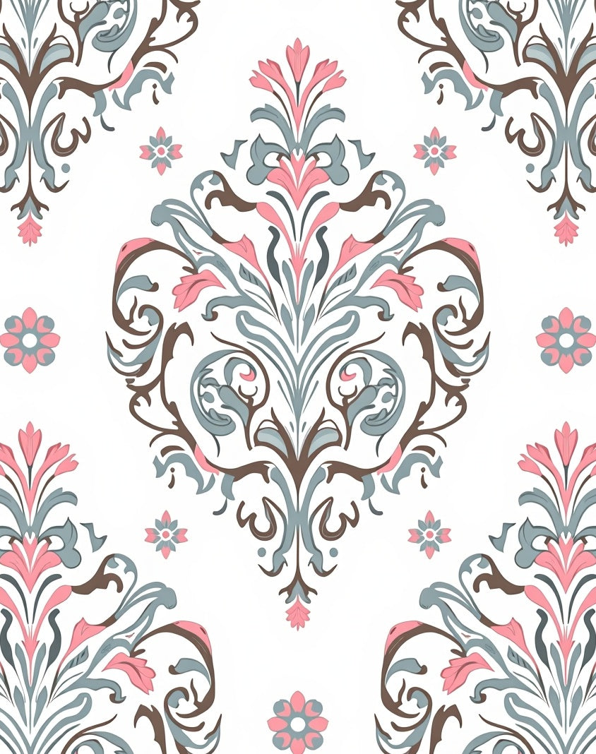 Pink Blue Floral Damask Pattern Rug