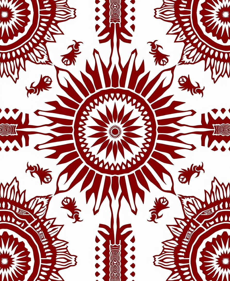 Deep Red Sunburst Mandala Botanical Design Rug