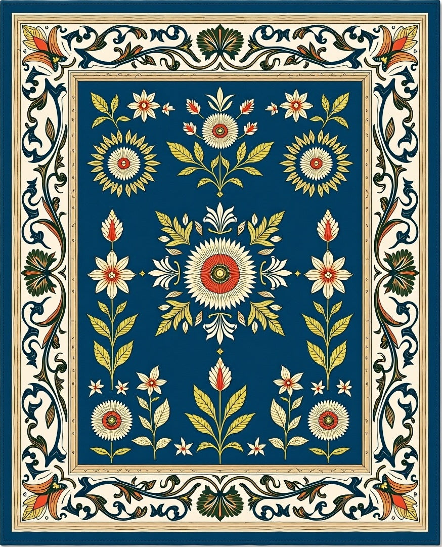 Floral Medallion Navy Botanical Rug