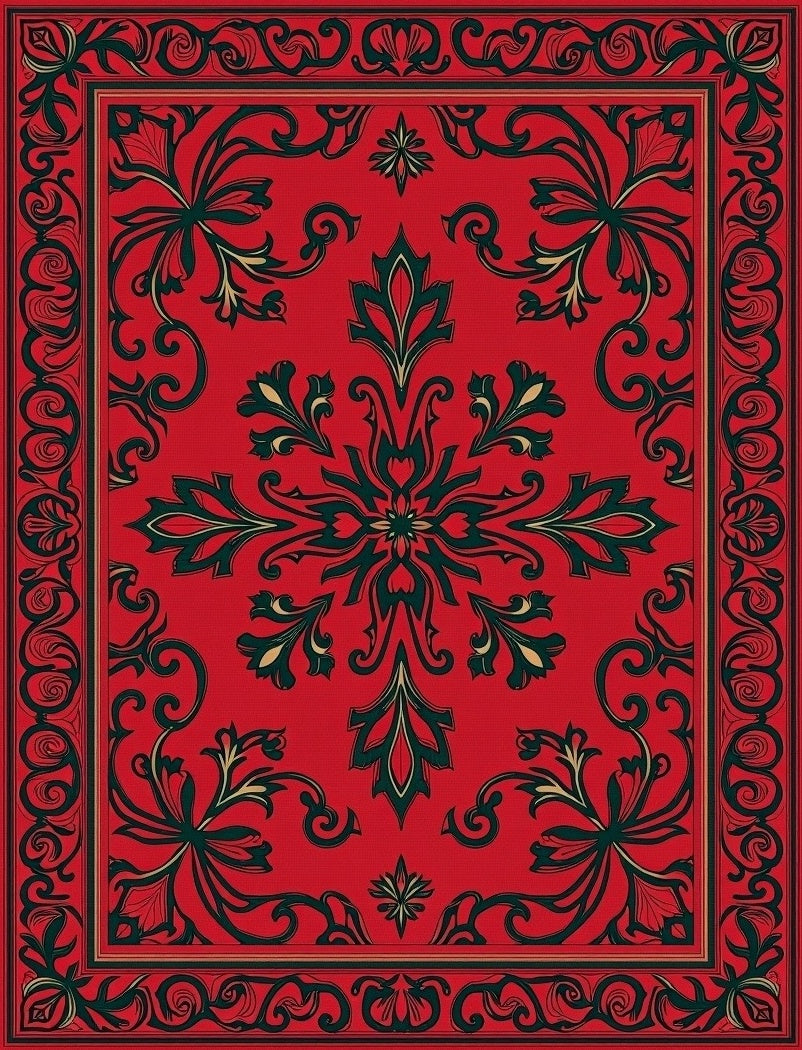 Classic Red Green Floral Scroll Rug