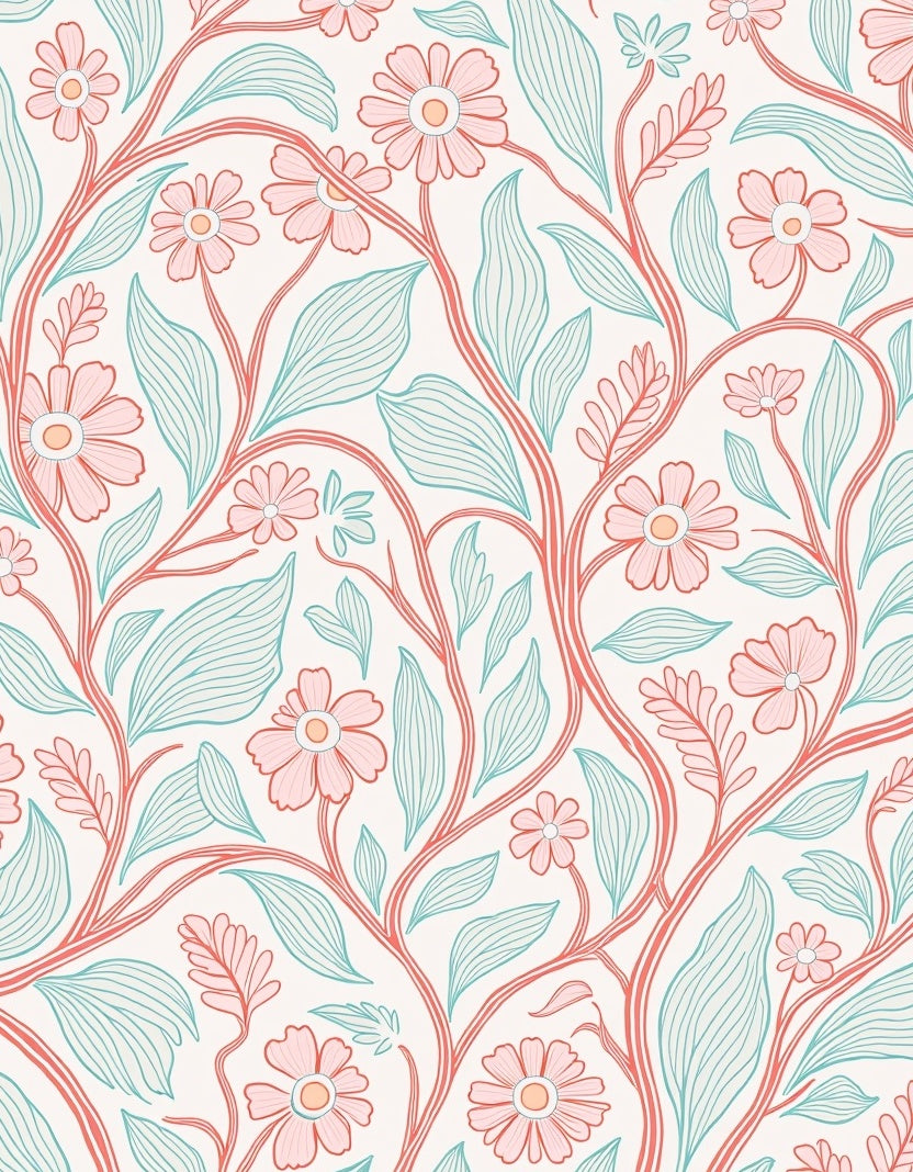 Coral Blush Floral Vine Pattern Rug