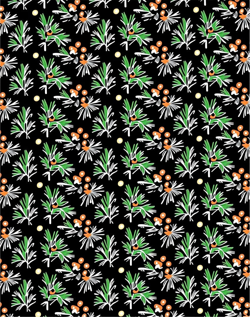 Black Green Orange Botanical Sprig Medley Rug