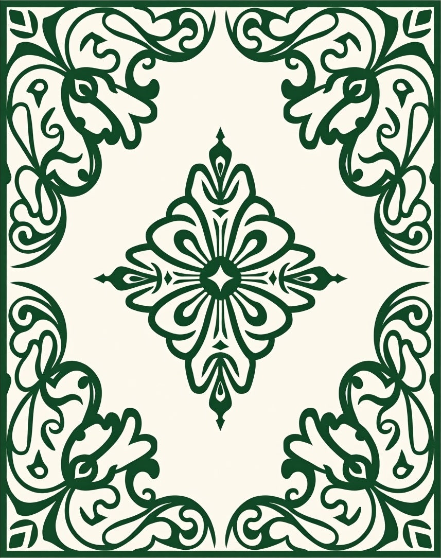 Elegant Emerald Leaf Scroll Design Rug