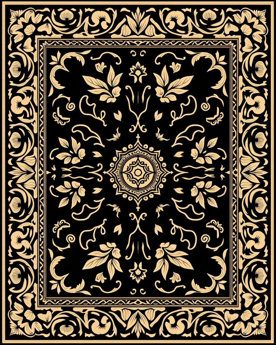 Elegant Black Gold Floral Pattern Rug