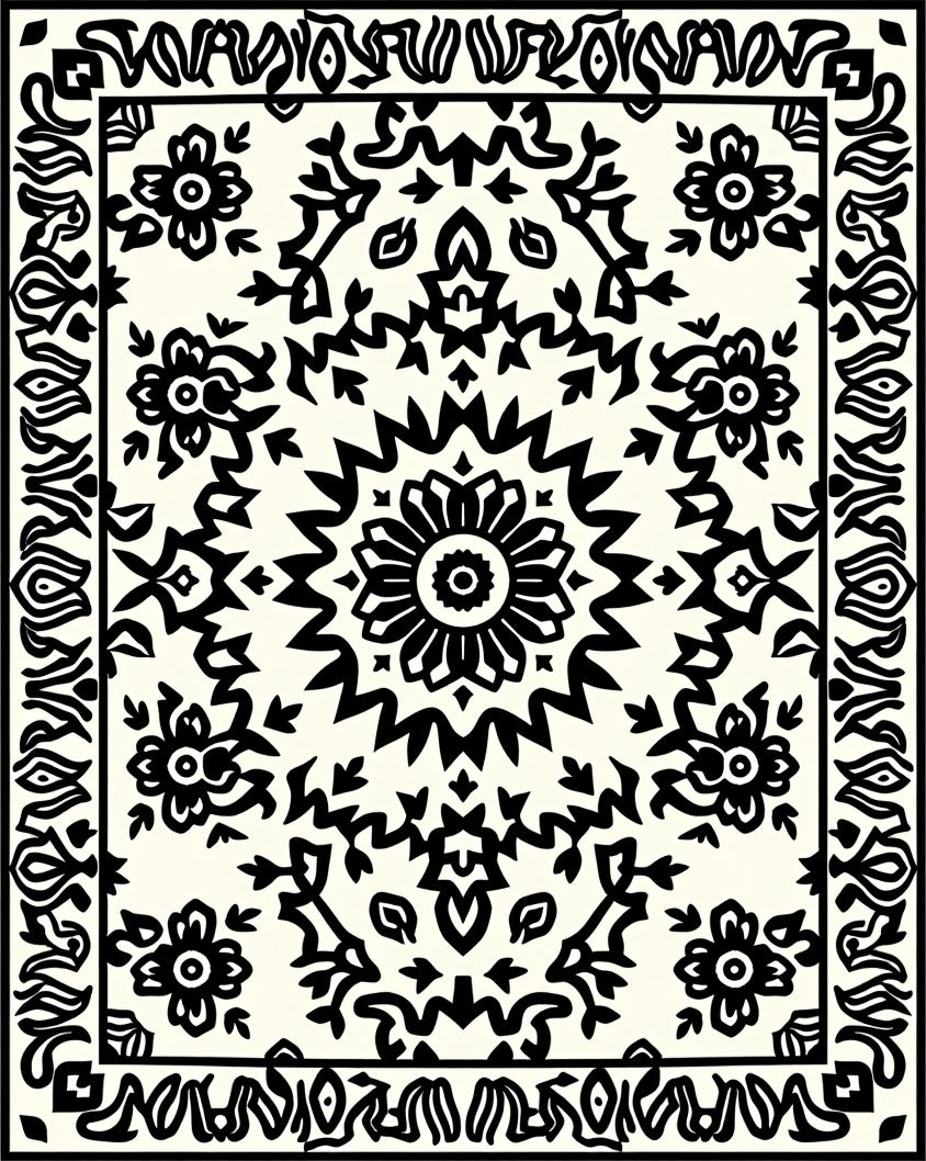Bold Black Floral Mandala Pattern Rug