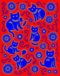 Playful Blue Cat Flower Motif Rug