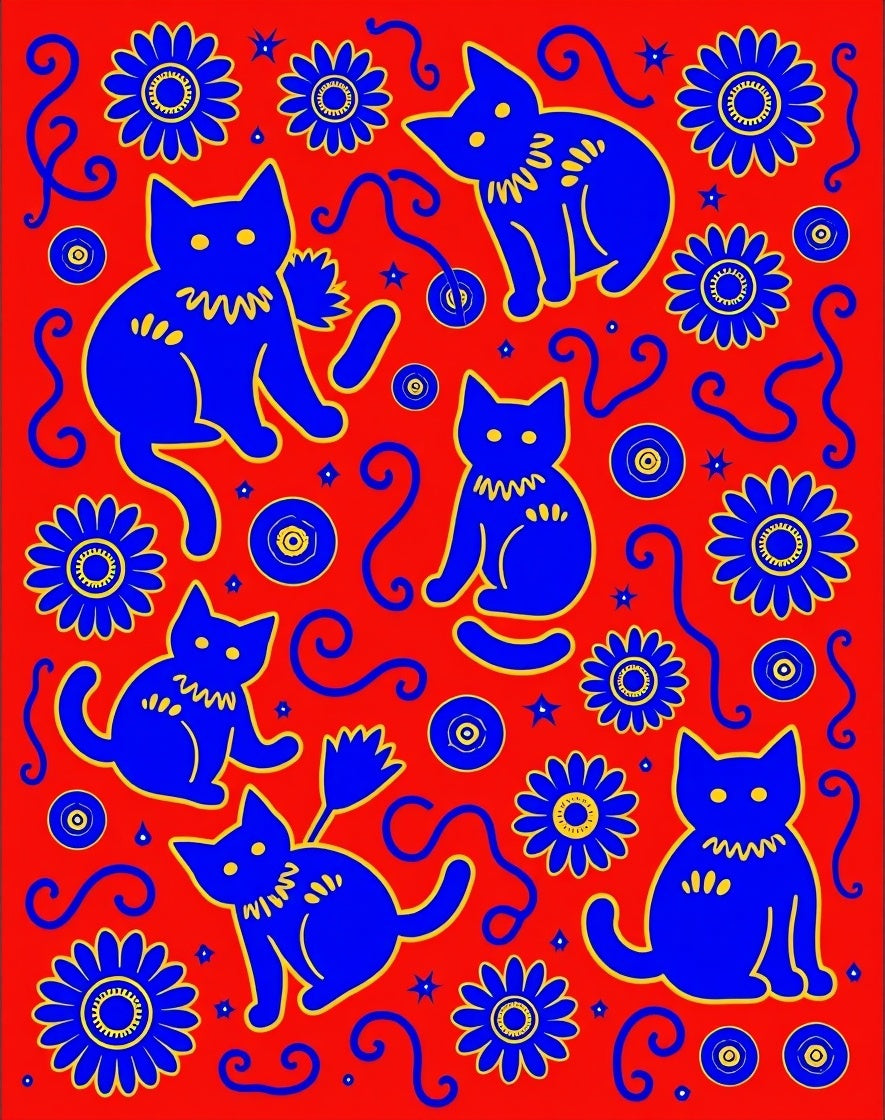 Playful Blue Cat Flower Motif Rug