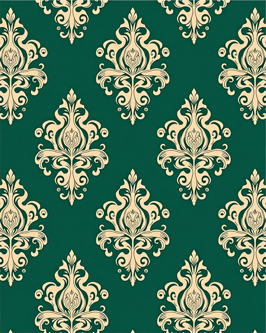 Cream Damask Emerald Green Baroque Ornament Rug