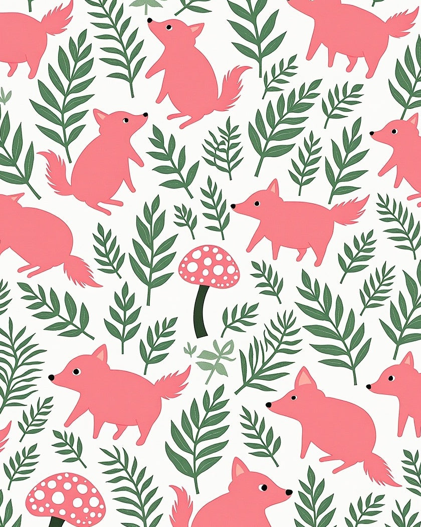 Pink Fox And Mushroom Pattern Rug