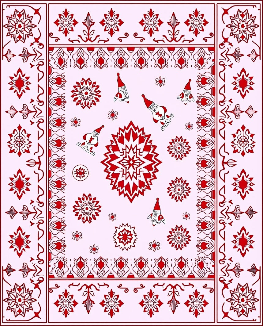 Crimson Red Festive Gnome Snowflakes Rug