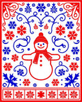 Red Blue Snowman Snowflake Border Rug