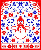 Red Blue Snowman Snowflake Border Rug