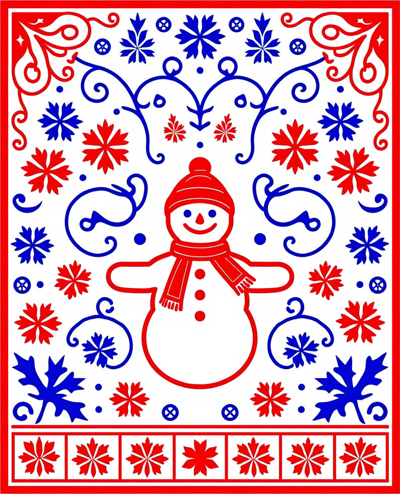 Red Blue Snowman Snowflake Border Rug