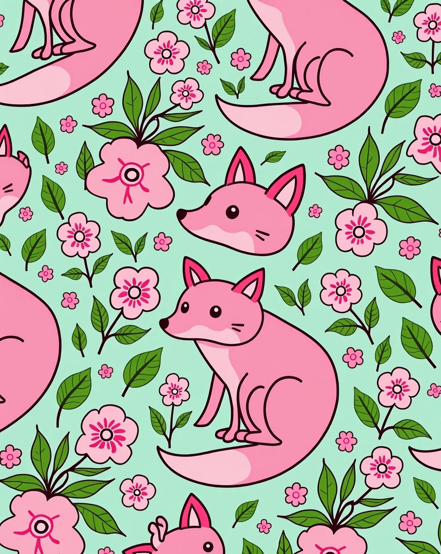 Pink Fox Floral Pattern Rug