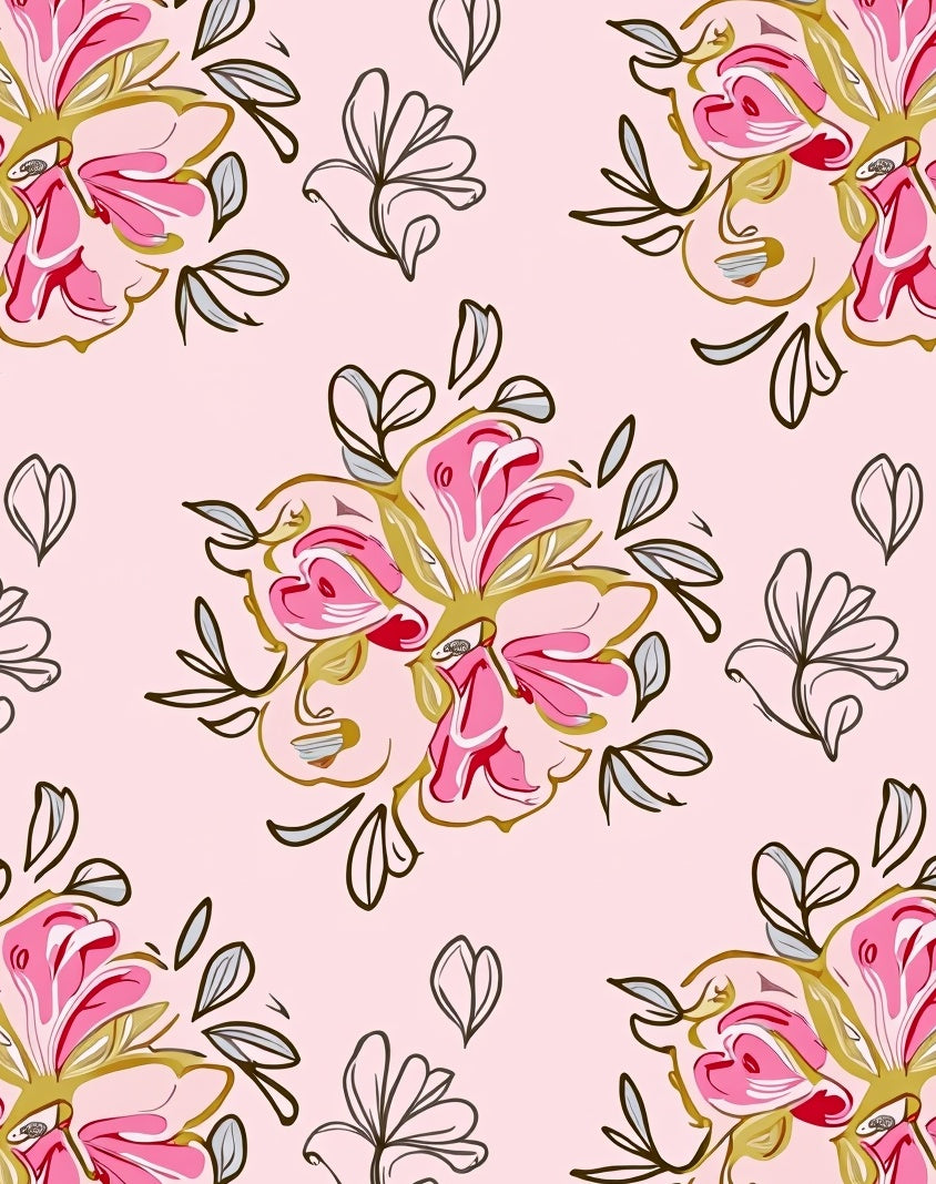 Pink Floral Outline Botanical Design Rug