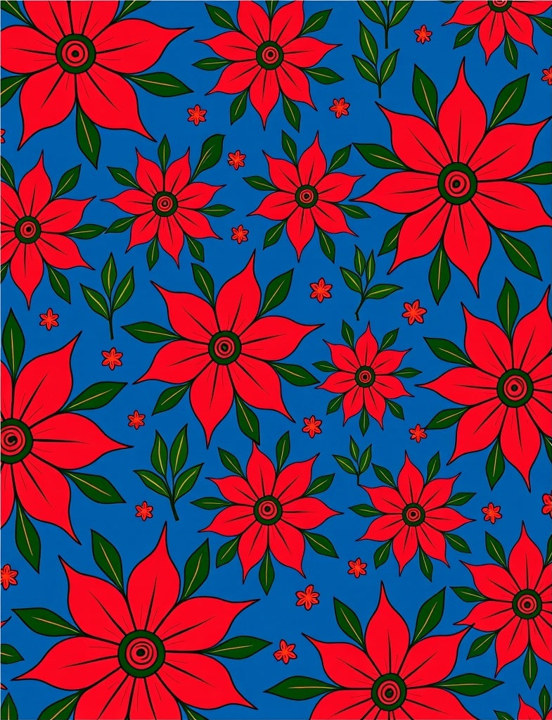 Vibrant Red Flower Garden Blue Rug