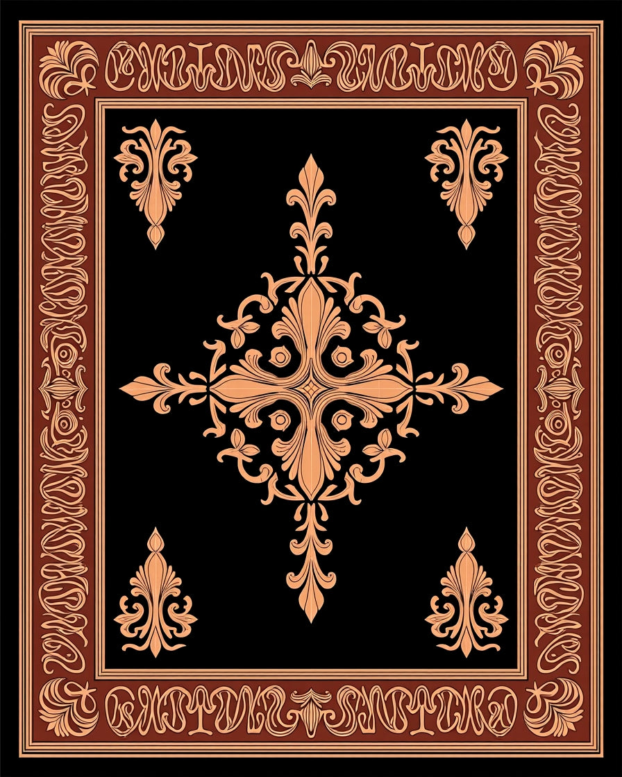 Ornate Black Tan Damask Pattern Rug