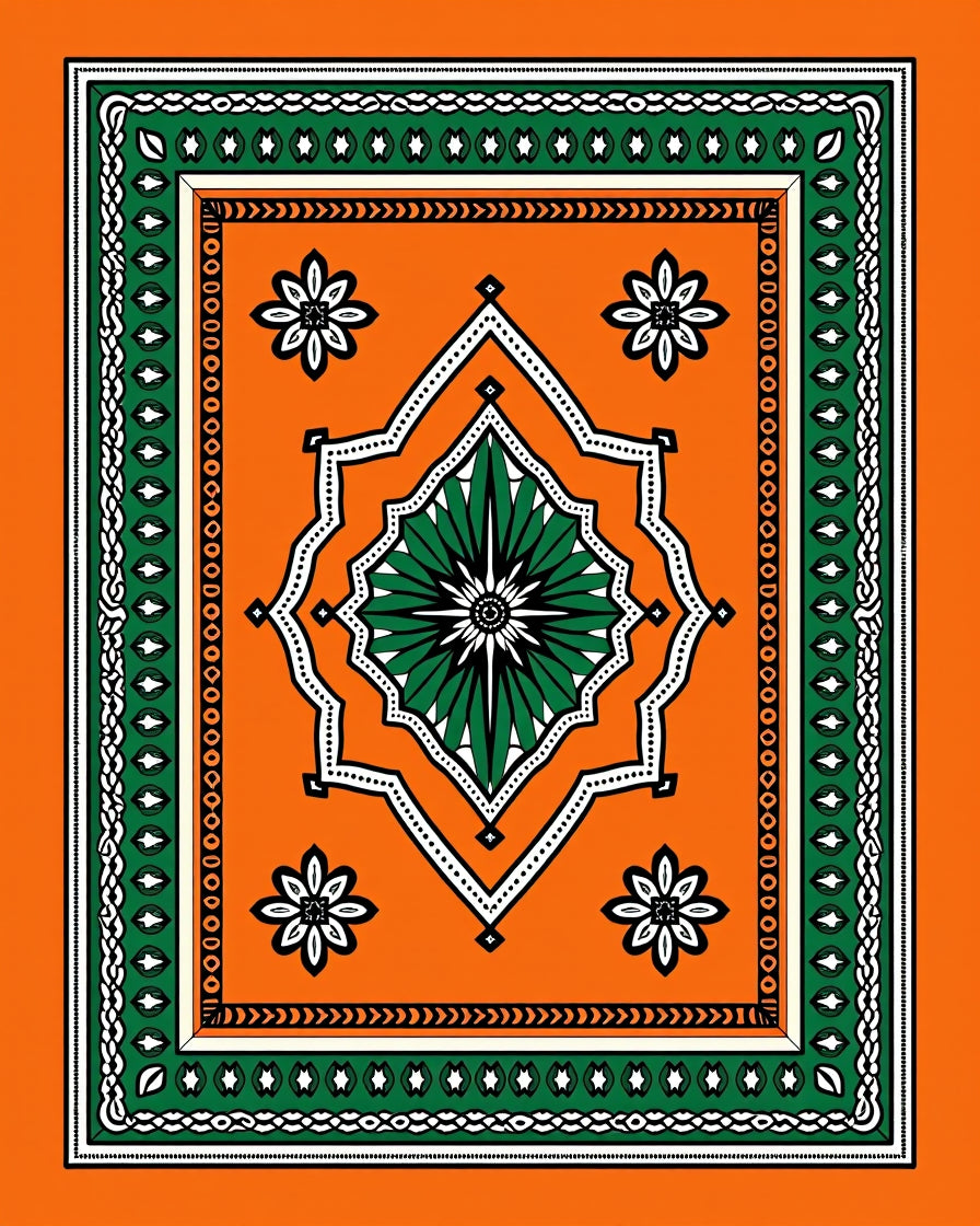 Orange Green Floral Medallion Pattern Rug