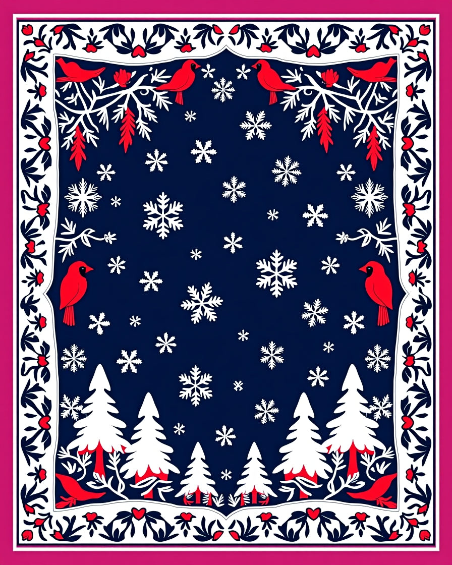 Crimson Cardinals Snowy Forest Border Rug