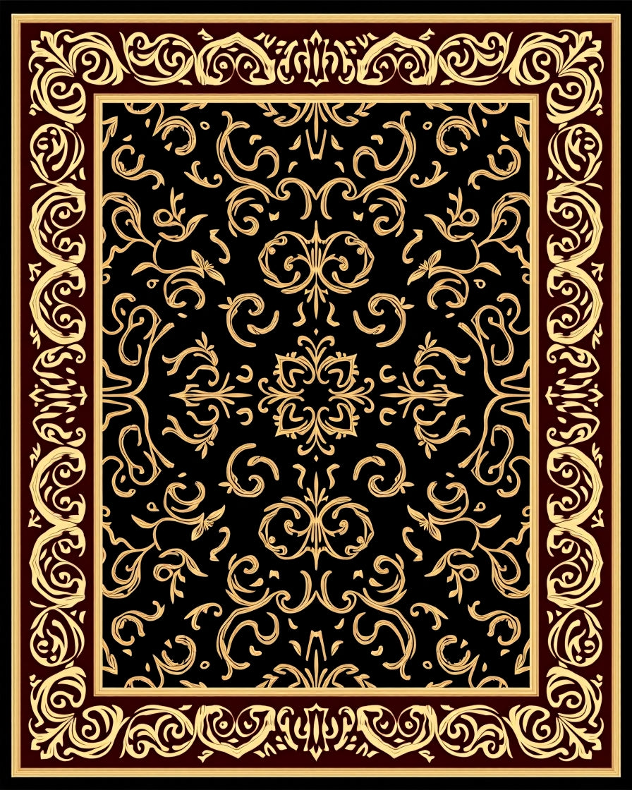 Ornate Black Gold Swirl Pattern Rug