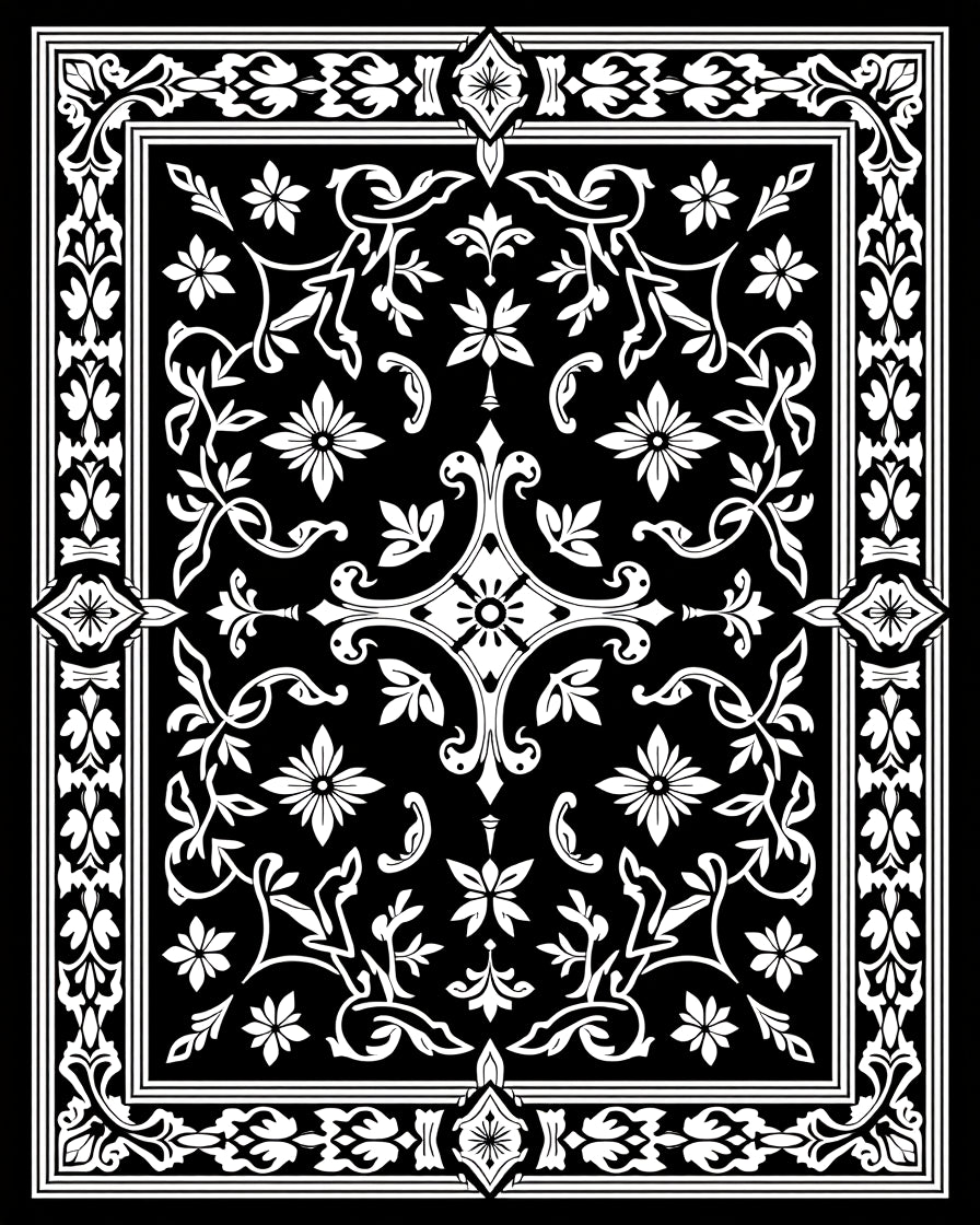 Ornate Black White Floral Vine Rug