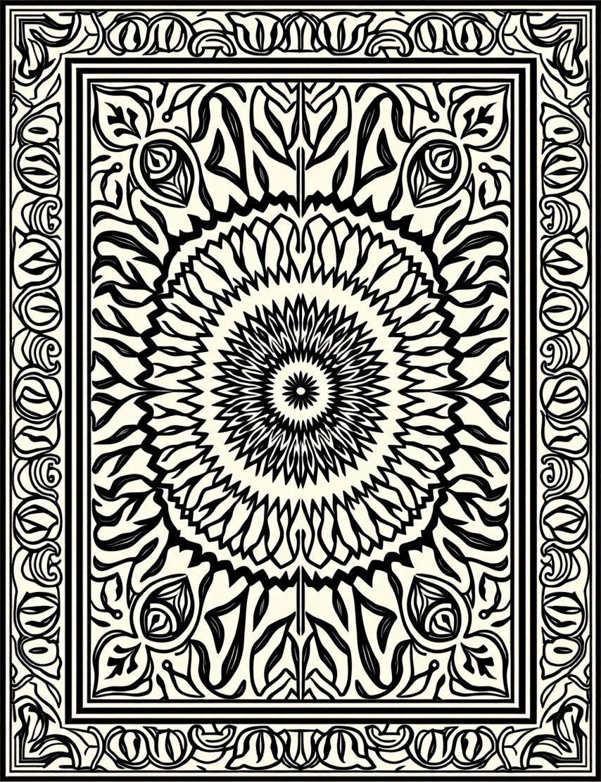 Black and White Mandala Scrollwork Rug