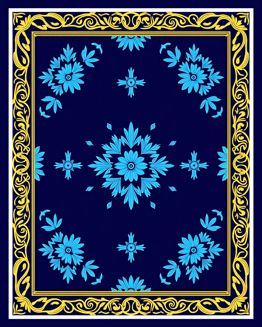 Blue Floral Medallion Border Design Rug