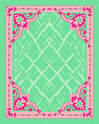 Vibrant Pink Floral Green Lattice Design Rug