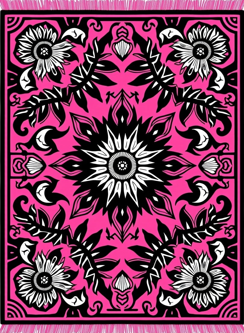 Vibrant Pink Black Floral Medallion Rug