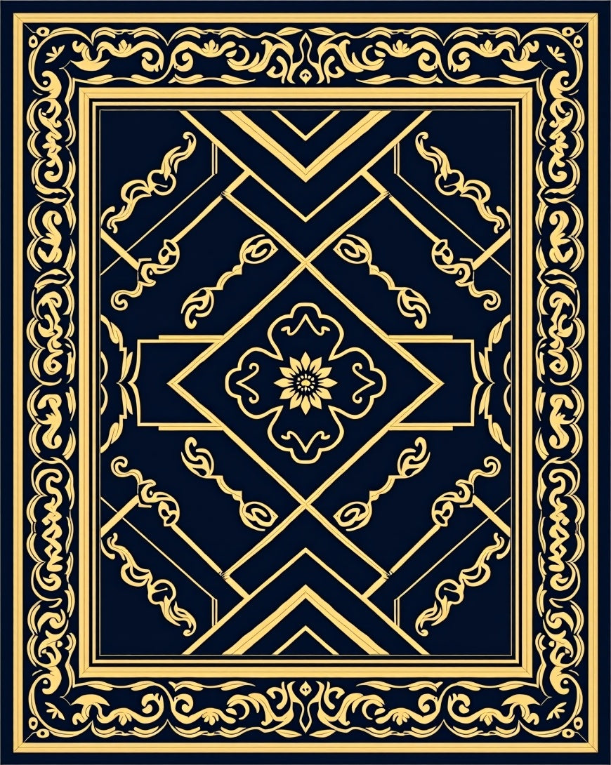 Elegant Golden Navy Abstract Floral Border Rug