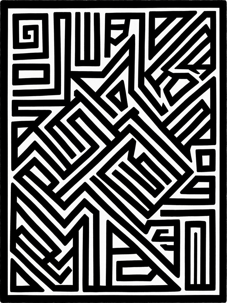 Abstract Black White Maze Pattern Rug
