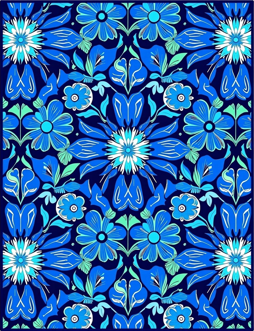 Vibrant Blue Floral Symmetry Rug