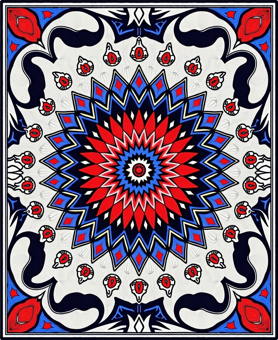 Bold Radial Mandala Red Blue Design Rug