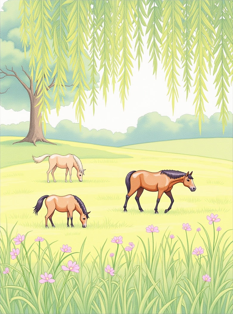 Pastoral Scene 3 Horses Willow Tree Rug