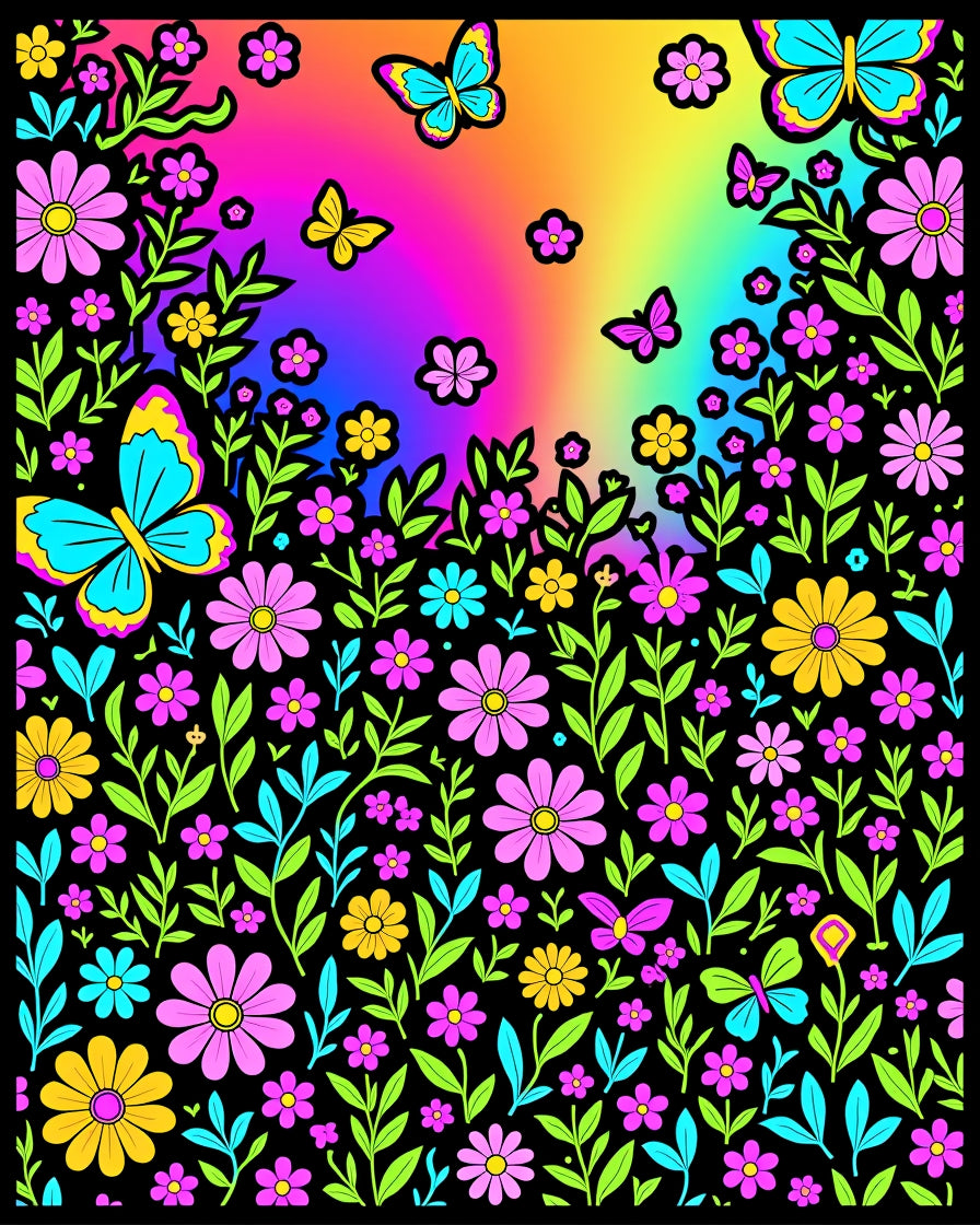 Whimsical Butterflies Neon Flowers Rug