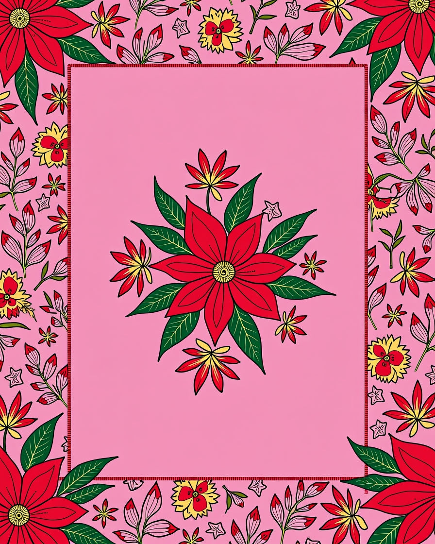 Red Floral Patterned Pink Rug