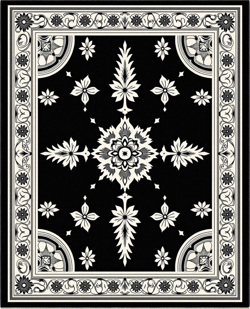 Ornate Black White Blossom Scroll Rug