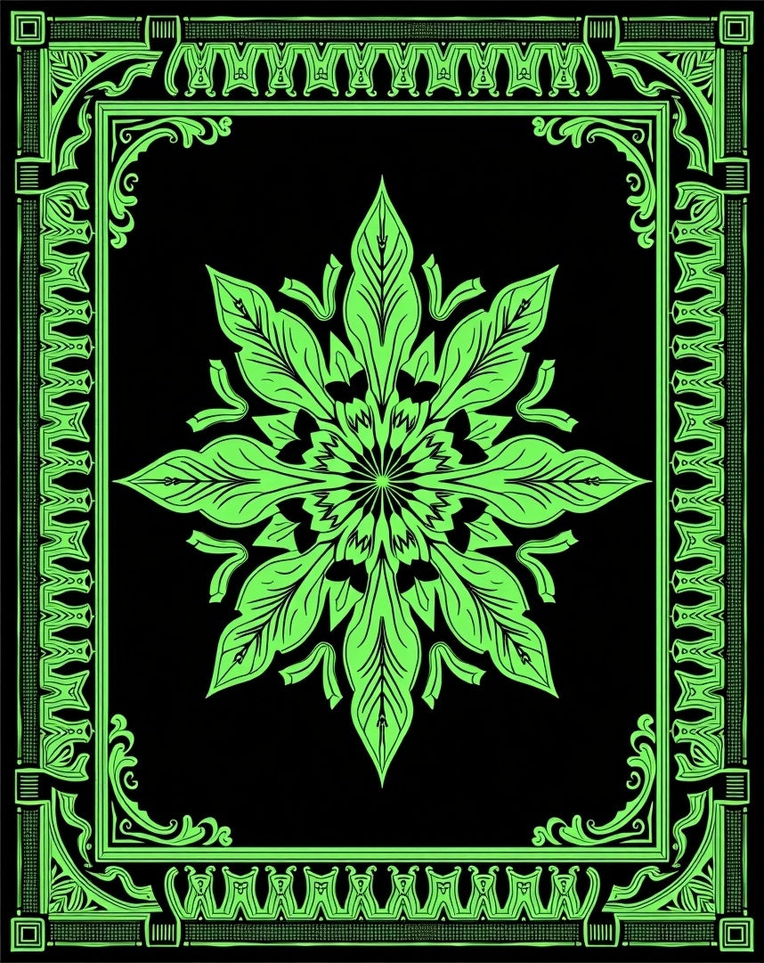 Vibrant Neon Green Floral Mandala Border Rug