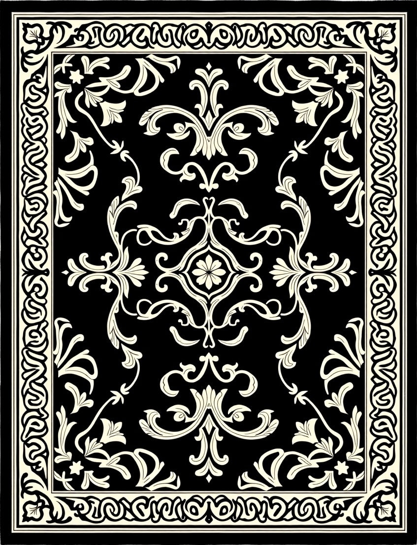 Classic Black Off-White Floral Border Rug