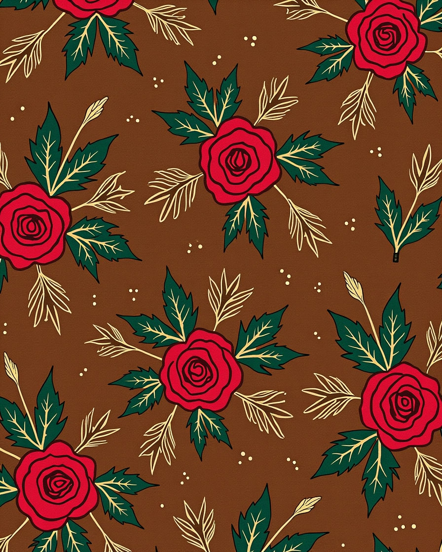 Red RoseFloral Pattern Brown Base Rug