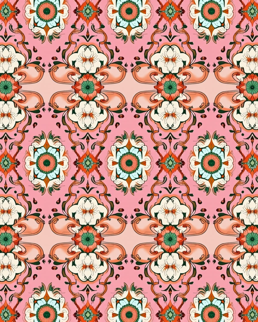 Ornate Floral Pattern on Pink Background Rug