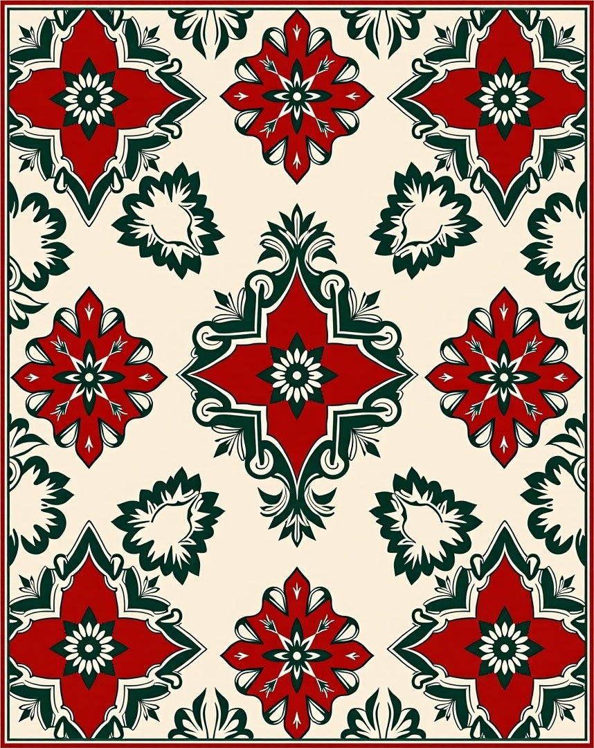Red Green Floral Medallion Pattern Rug