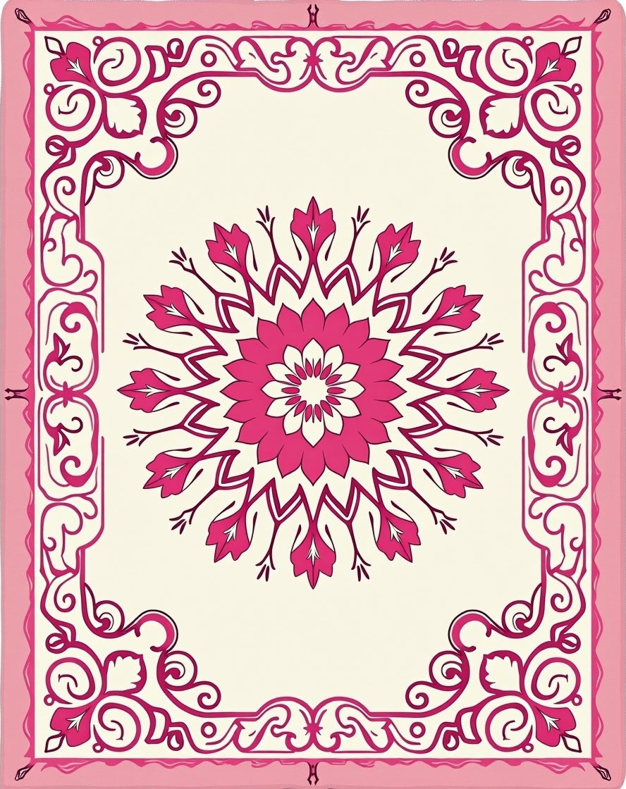 Pink Floral Medallion Frame Design Rug