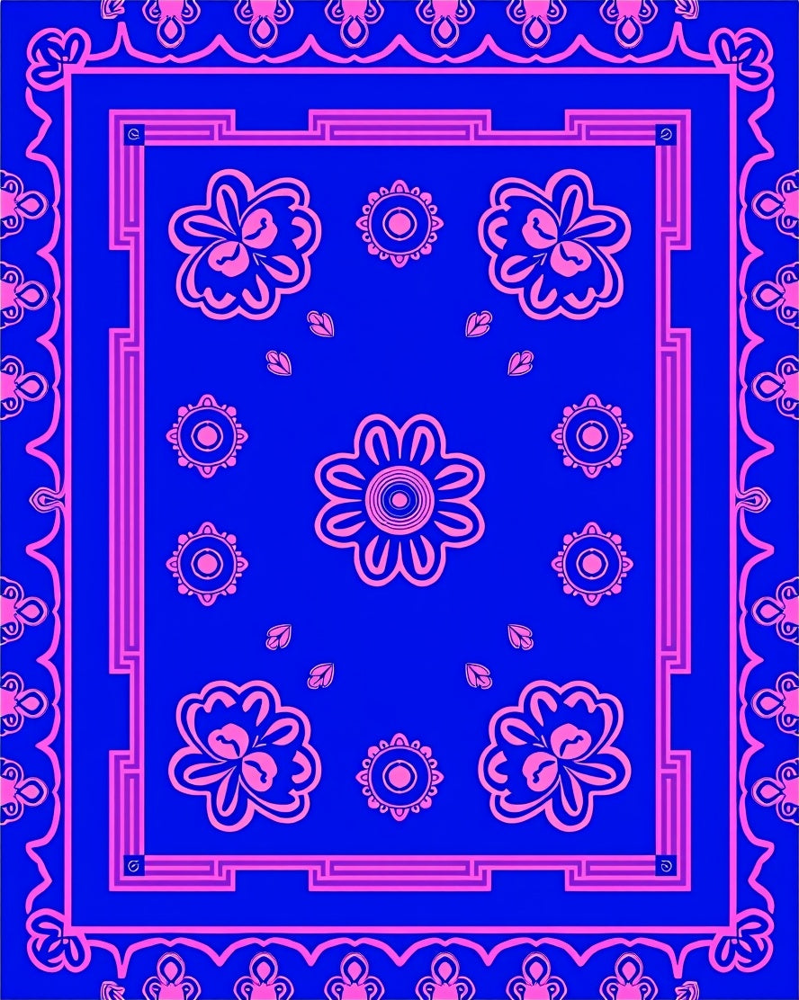 Vibrant Blue Pink Floral Pattern Rug