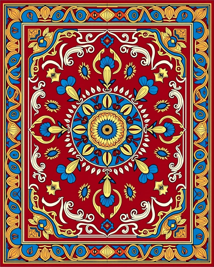 Vibrant Red Floral Medallion Pattern Rug